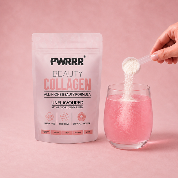 PWRRR Beauty Collagen Formula powder in a jar, showcasing the supplement with a label and scoop for skin and hair support.