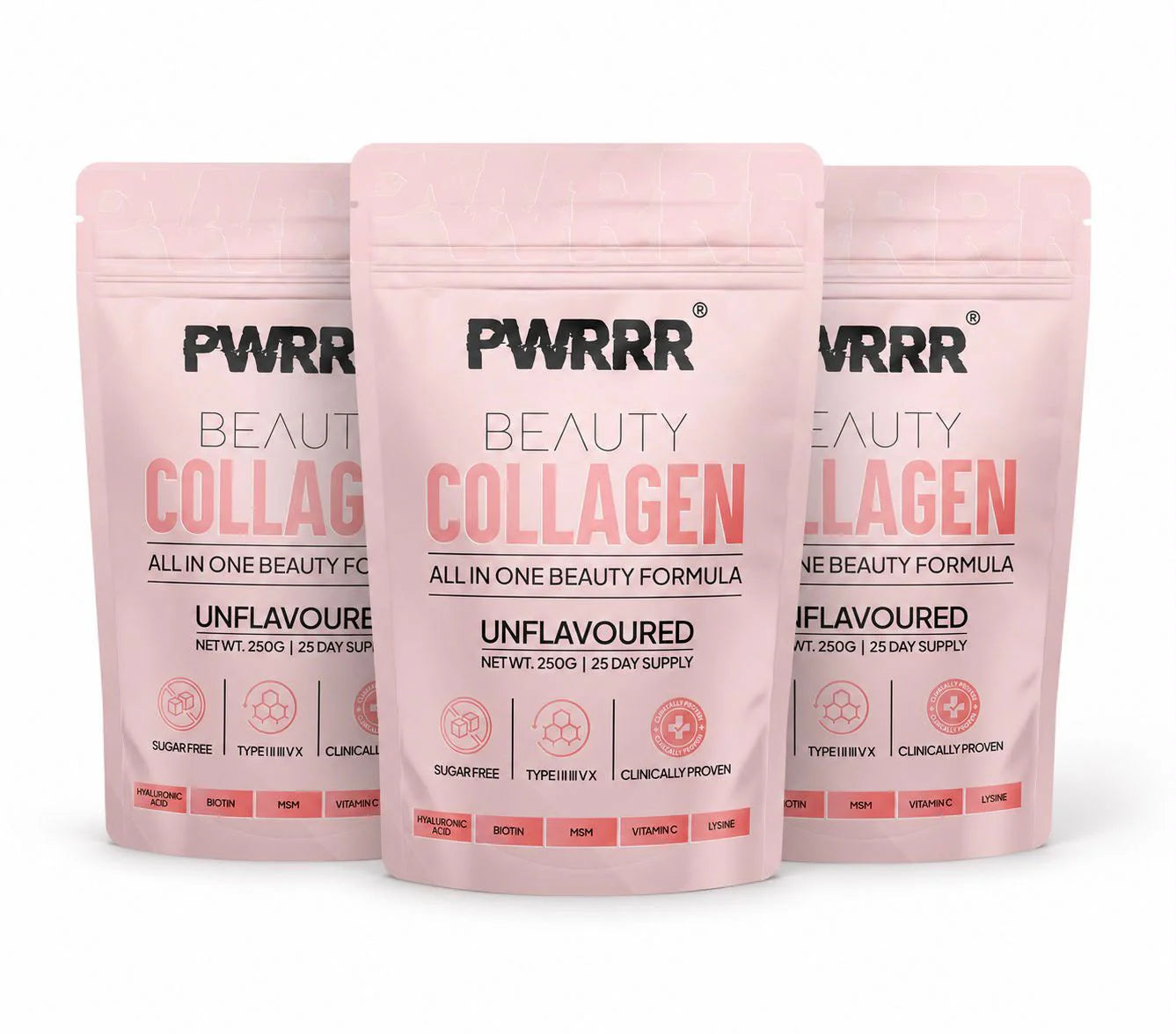 PWRRR Beauty Collagen Formula in a jar, showing the supplement powder with a scoop, designed for skin and hair health.