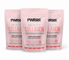 PWRRR Beauty Collagen Formula in a jar, showing the supplement powder with a scoop, designed for skin and hair health.