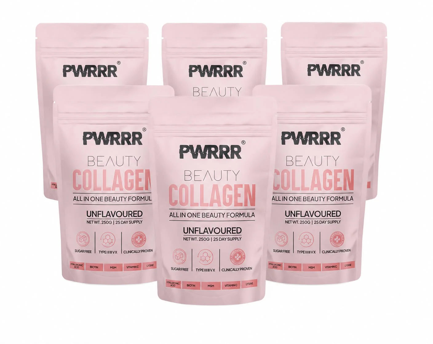 PWRRR Beauty Collagen Formula supplement bottle with pink and white packaging, featuring collagen peptides for skin health.