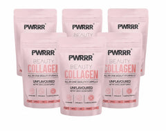 PWRRR Beauty Collagen Formula supplement bottle with pink and white packaging, featuring collagen peptides for skin health.