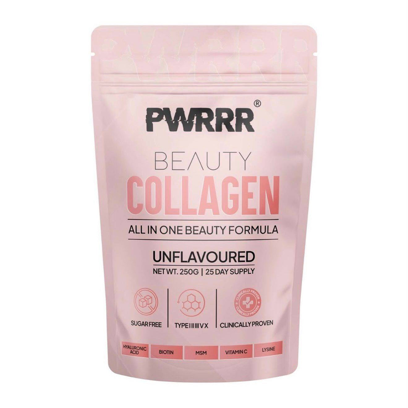 PWRRR Beauty Collagen Formula supplement in a white jar with a purple label and scoop, close-up shot of the product.