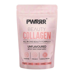 PWRRR Beauty Collagen Formula supplement in a white jar with a purple label and scoop, close-up shot of the product.